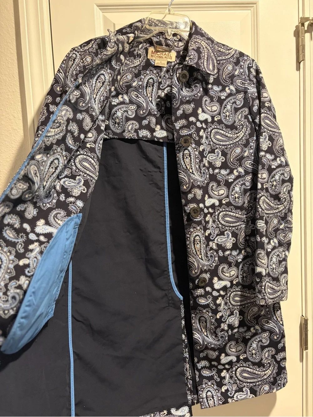 Michael Kors Navy and White Paisley Trench Coat